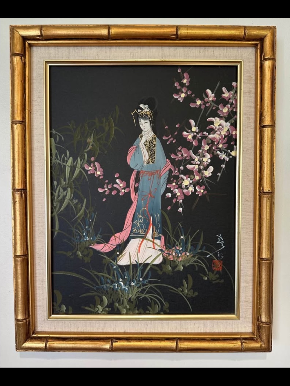 Vintage Mau Ling Style Oriental Lady Oil Painting Bamboo Frame 16"x20"